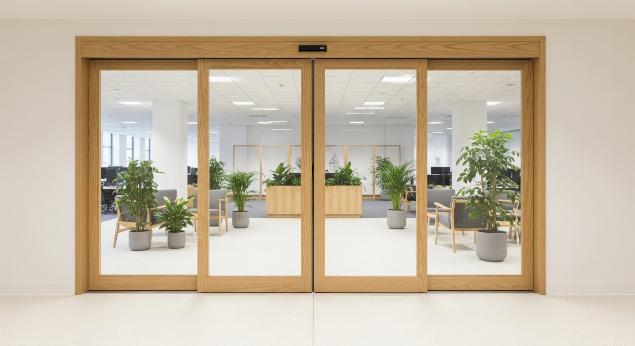 ประตูเลื่อนอัตโนมัติ กรอบอลูมิเนียมลายไม้